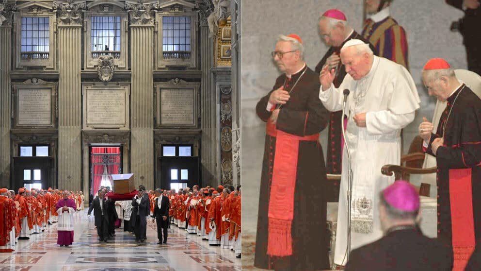 Rakvu s telesnými pozostatkami zosnulého pápeža Františka pápež Ján Pavol II.