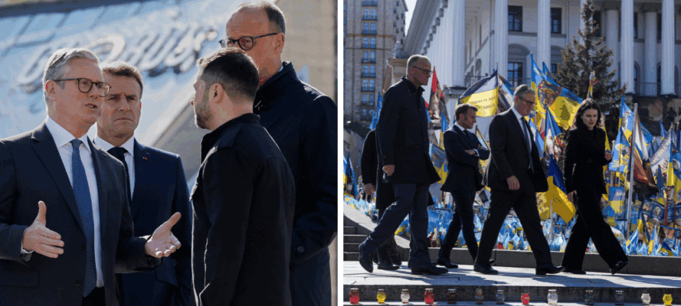 Merz, Macron, Tusk, Starmer, Zelenský, Kyjev, návšteva, koalícia ochotných