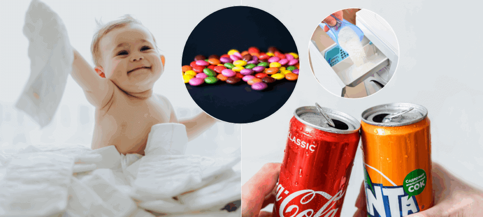 plienky, cukríky, cola-cola, fanta, prací prášok