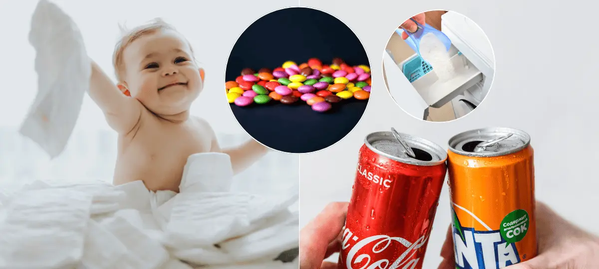 plienky, cukríky, cola-cola, fanta, prací prášok