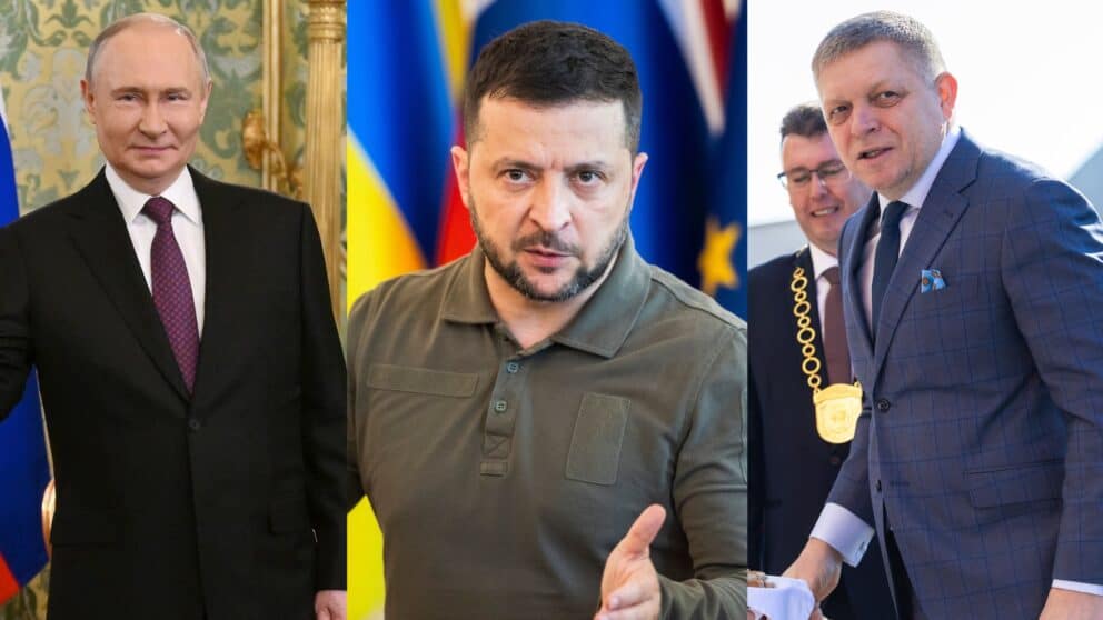 Vladimir Putin (vľavo), Volodymyr Zelenskyj (v strede) a Robert Fico (vpravo)