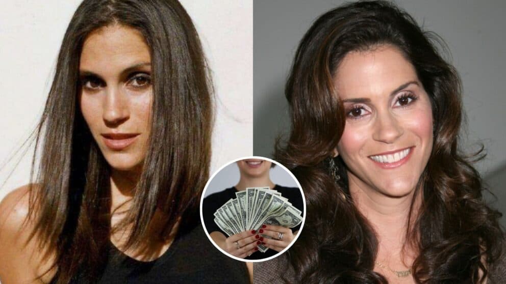 Two pictures of a woman with money and a woman with long hair.