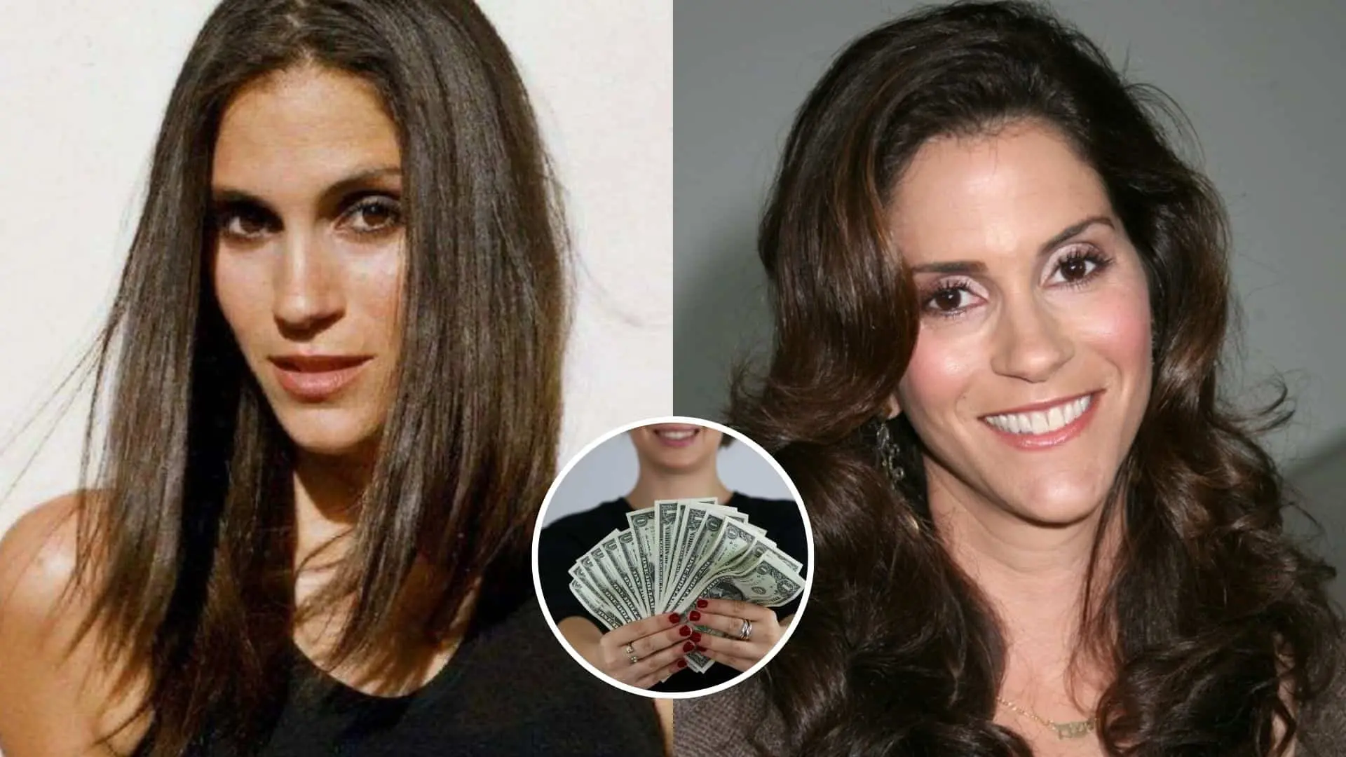 Two pictures of a woman with money and a woman with long hair.