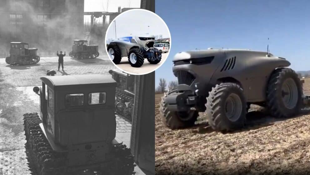 V roku 1958 vznikol prvý čínsky traktor s názvom „Dongfanghong“ (vľavo) a traktor budúcnosti (vpravo).