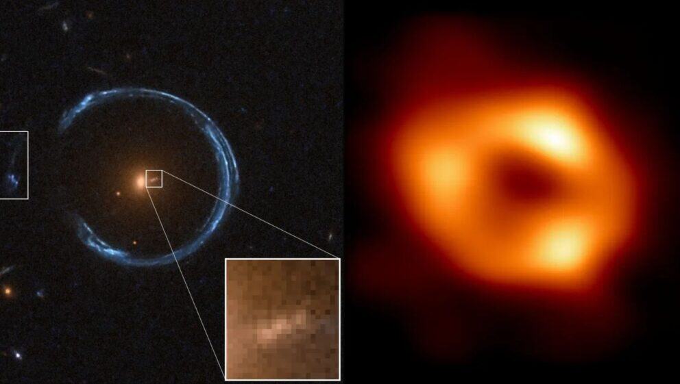 Obrázok Kozmickej podkovy (vľavo) a obrázok supermasívnej čiernej diery v strede Mliečnej dráhy.
