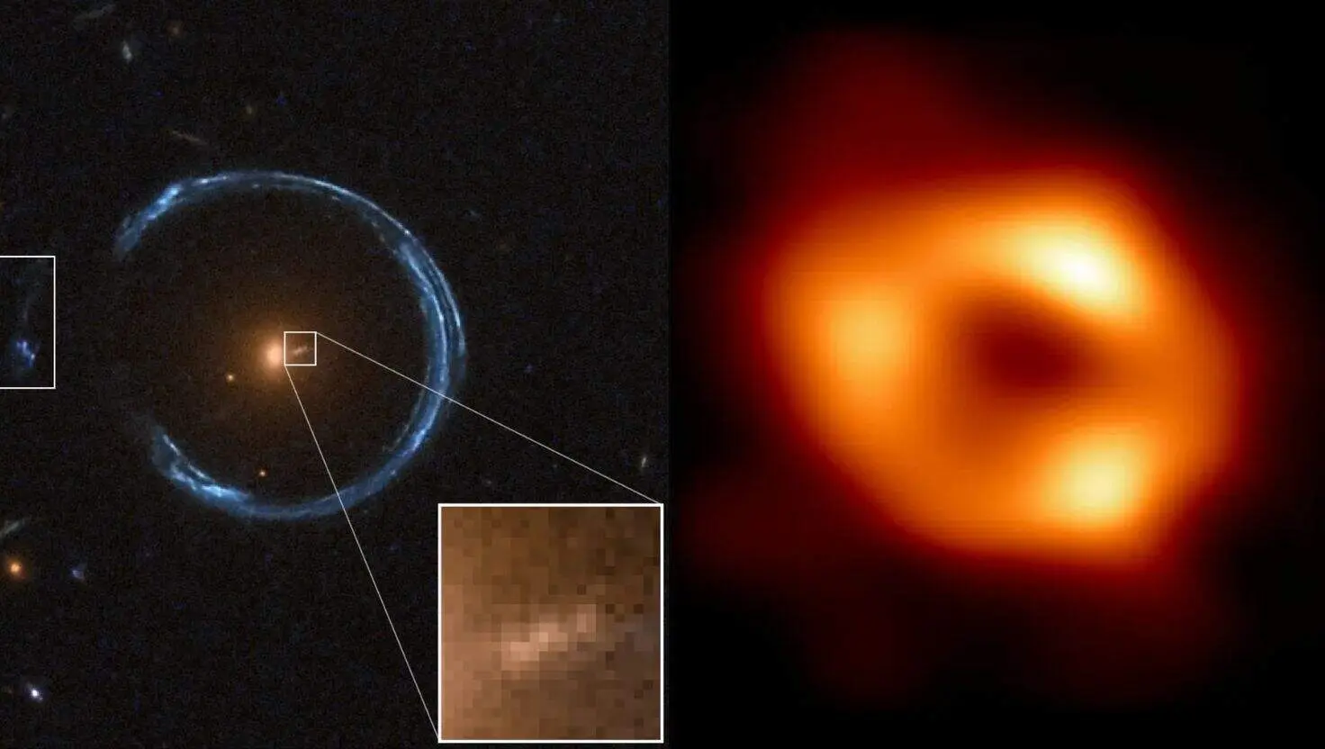 Obrázok Kozmickej podkovy (vľavo) a obrázok supermasívnej čiernej diery v strede Mliečnej dráhy.