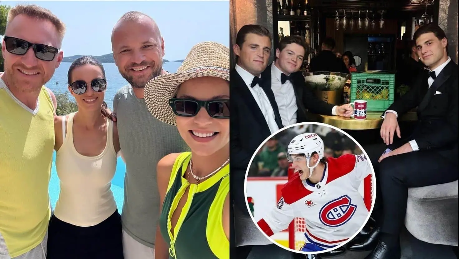 Marián Gáborík a Marián Hossa na letnej dovolenke (vľavo) a Juraj Slafkovský, Cole Caufield a Chris Wideman (vpravo).