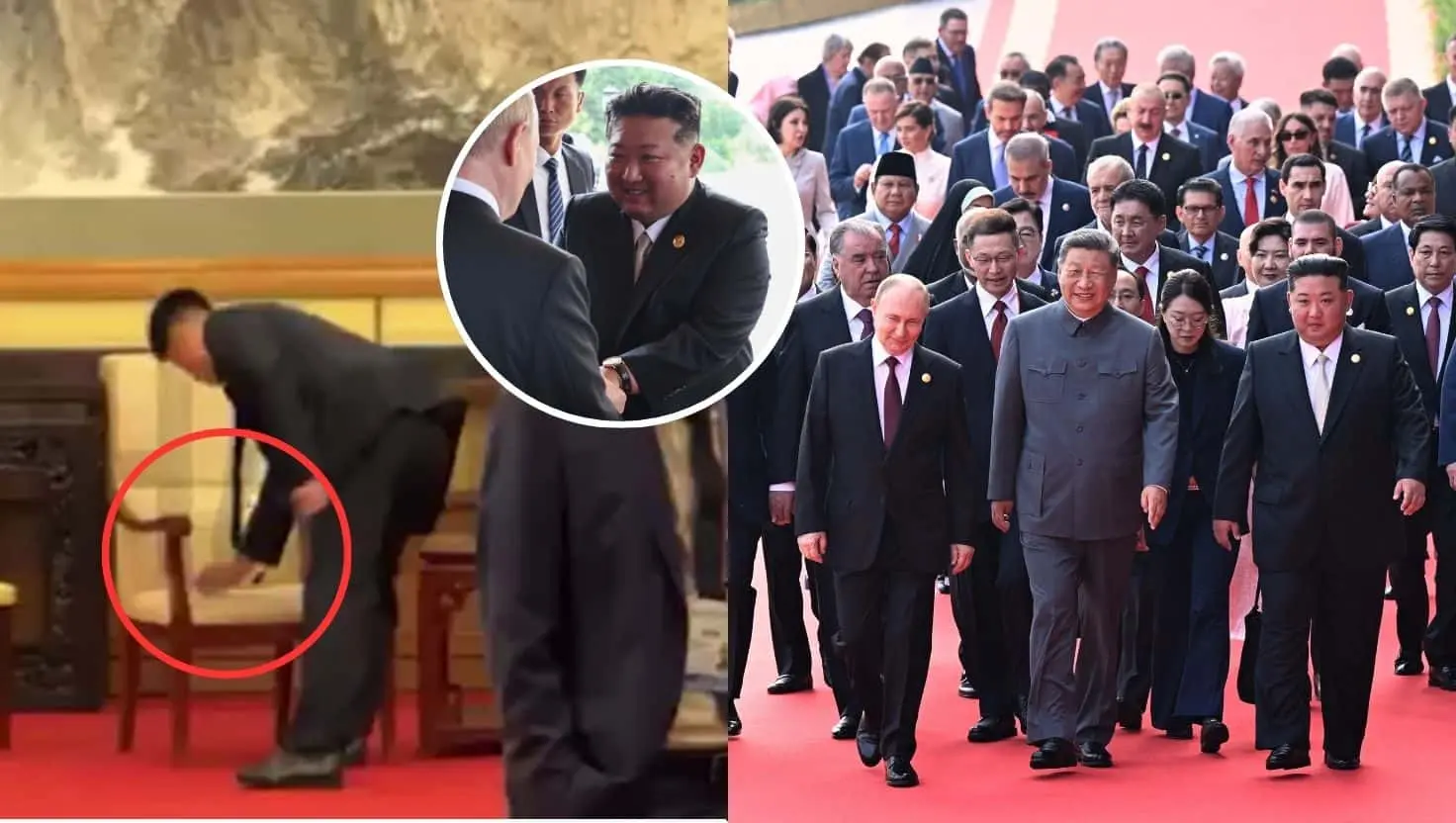 Na snímke v popredí zľava ruský prezident Vladimir Putin, čínsky prezident Si Ťin-pching, severokórejský líder Kim Čong-un a ďalší svetoví lídri prichádzajú na vojenskú prehliadku pri príležitosti 80. výročia skončenia druhej svetovej vojny v Pekingu