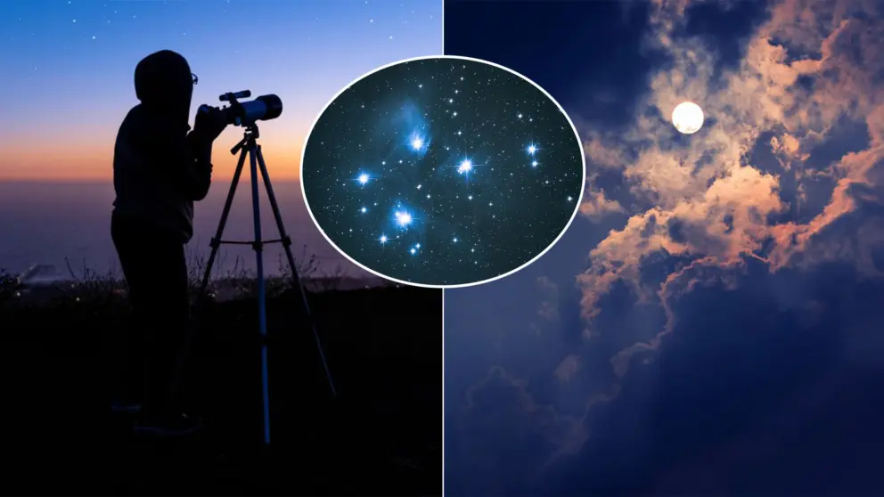 Plejády hviezdy obloha mesiac