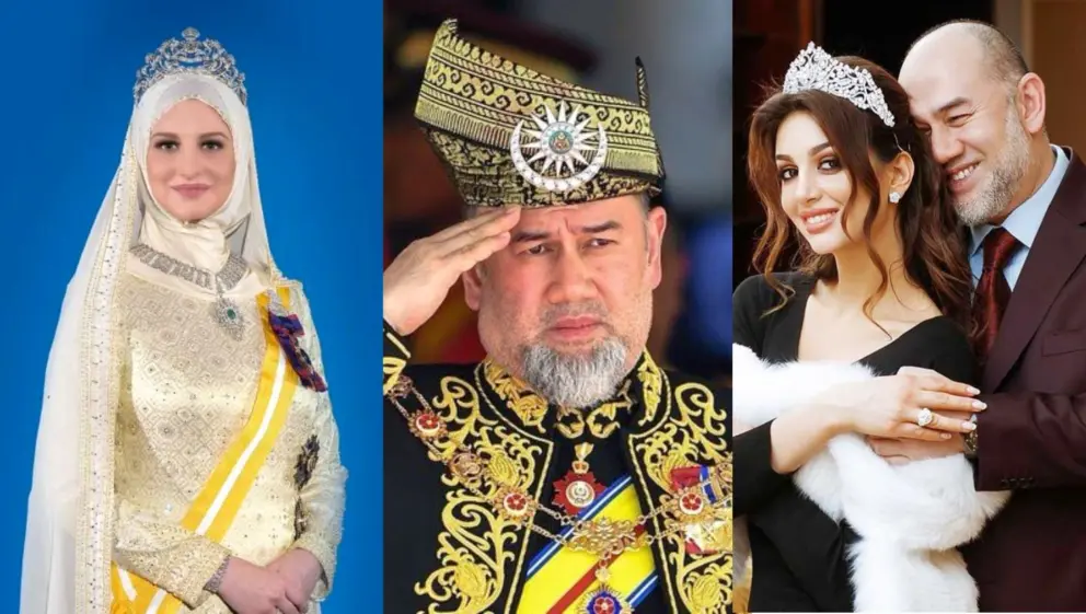 Sultana Núr Diana Petra, rodená Jana Jakoubková (vľavo) sa vydala za sultána Muhammada V. (v strede). Ten sa však oženil s Oksanou Vojevodinovou (vpravo).